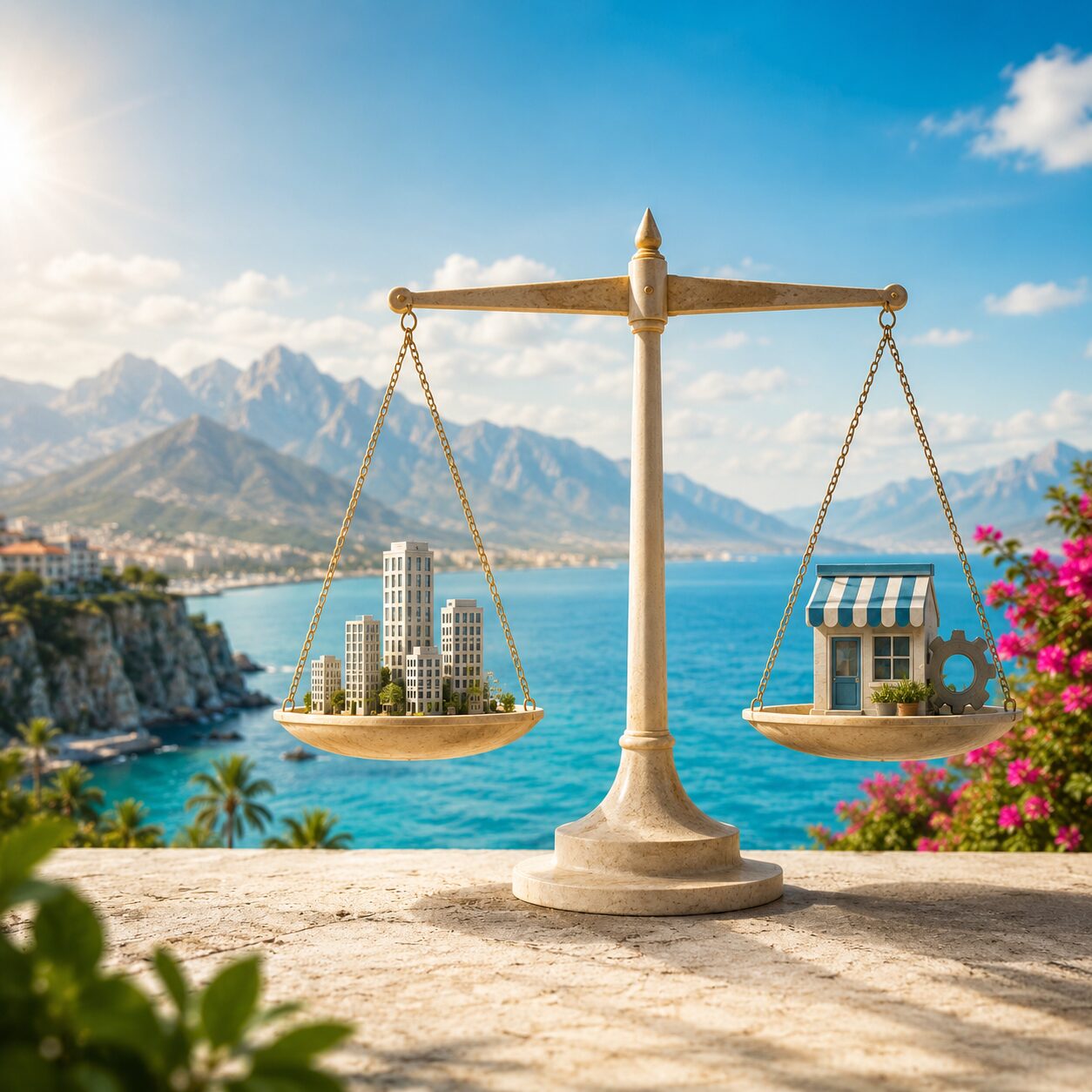 Antalya kıyılarını fon alan dengede duran bir terazi üzerinde şehir yapıları ve küçük bir işletme maketi, ticari gelişim ile kentsel büyüme arasındaki ilişkiyi simgeliyor.