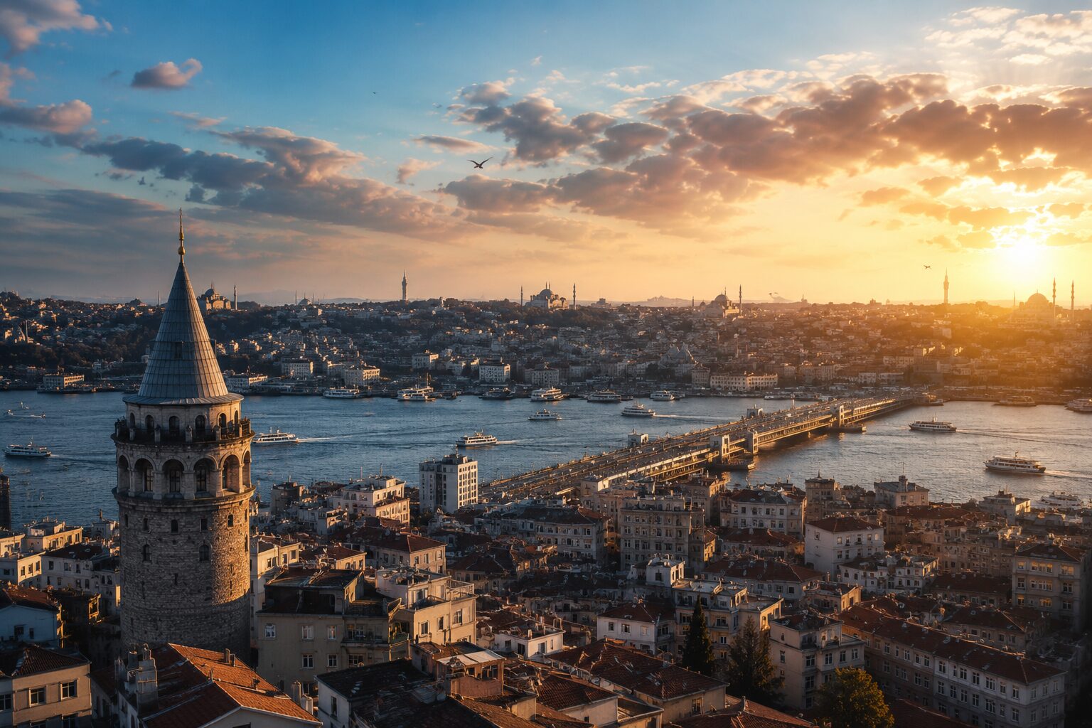 Gün batımında tarihi ve modern yapıların birlikte görüldüğü şehir silüeti ve yoğun kent dokusu.
