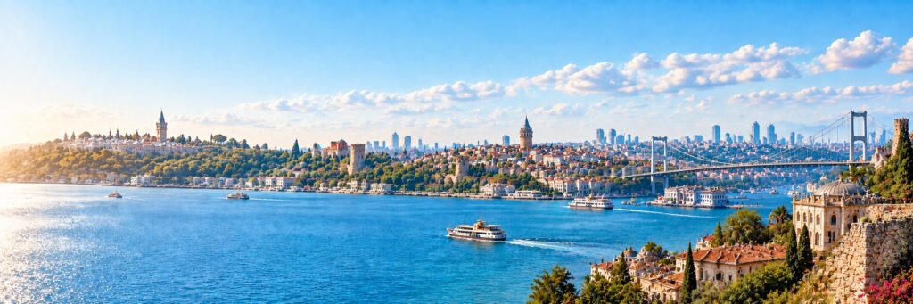 İstanbul Boğazı, tarihi yapılar ve kent kültürünü yansıtan panoramik şehir görünümü