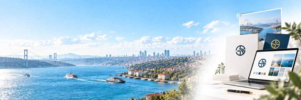 Marka ve iletişim kategorisi için İstanbul ve kurumsal marka öğeleri kolajı